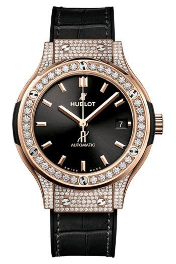 Hublot Classic Fusion King Gold Pavé Black 38mm Matte black dial Black rubber and alligator leather, reference 565.OX.1480.LR.1604