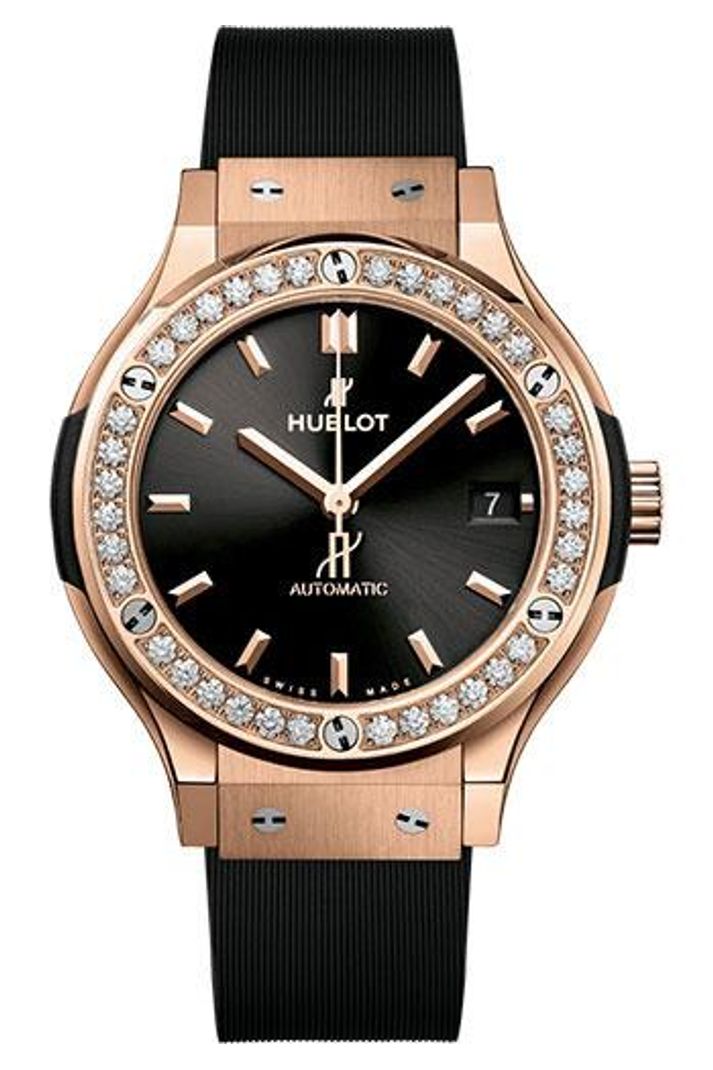 Hublot Classic Fusion King Gold Diamond Bezel 38mm Matte black dial Black lined rubber, ref 565.OX.1480.RX.1204