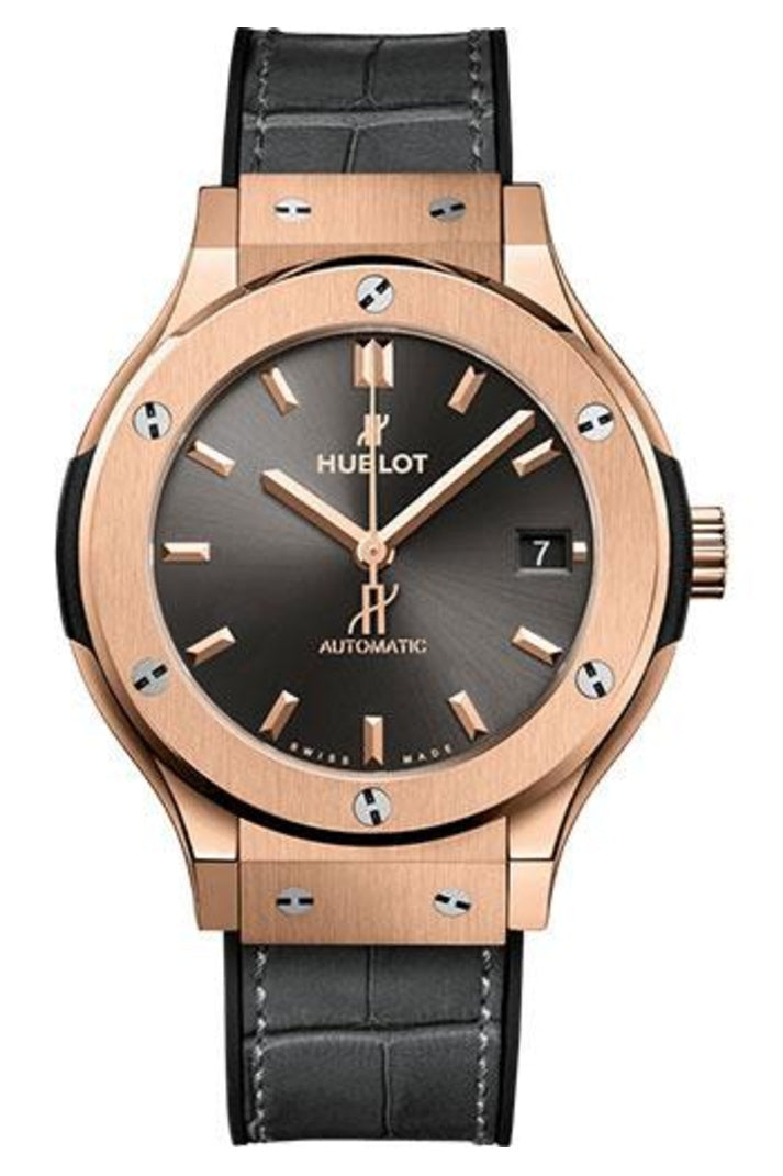 Hublot Classic Fusion Racing Grey King Gold 38mm Grey sunray dial Black rubber and grey alligator leather, reference 565.OX.7081.LR