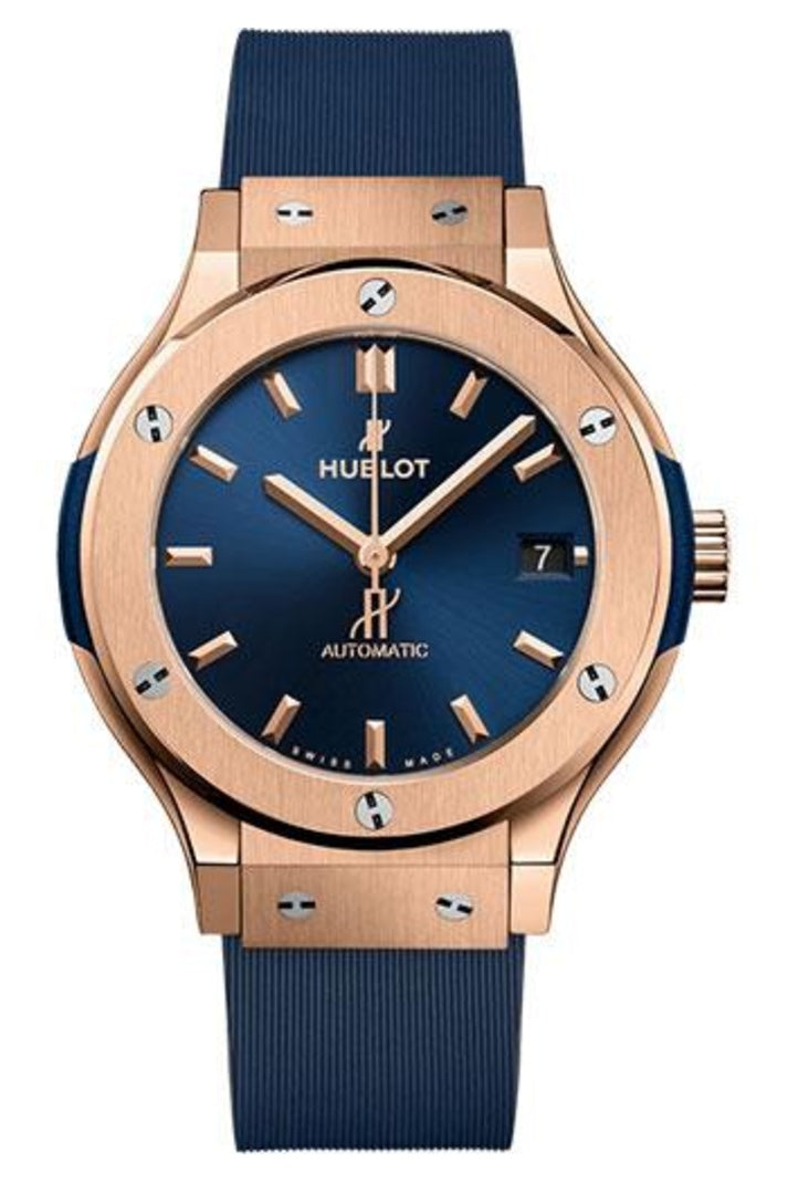 Hublot Classic Fusion King Gold Blue 38mm Blue sunray dial Blue lined rubber, reference 565.OX.7180.RX
