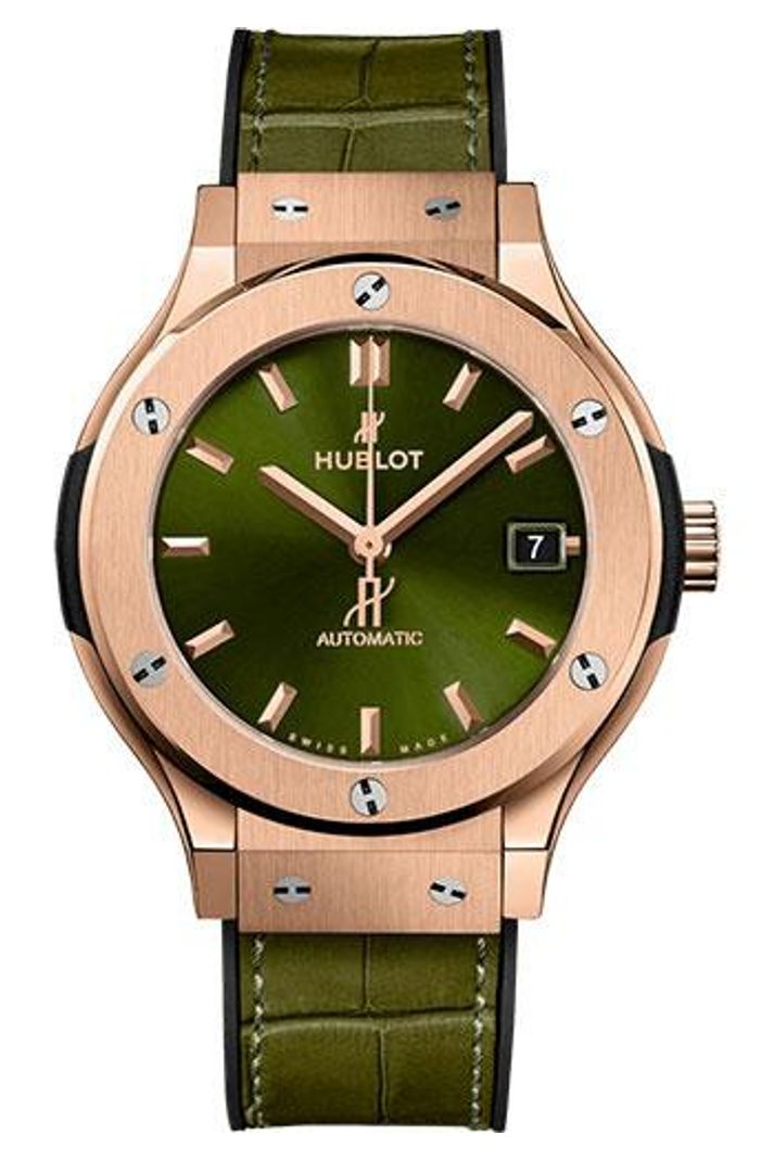 Hublot Classic Fusion King Gold Green 38mm Green sunray dial Black rubber and green alligator leather reference 565.OX.8980.LR