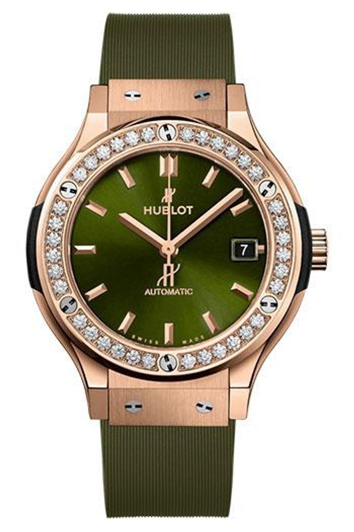 Hublot Classic Fusion King Gold Green Diamonds 38mm Green sunray dial Green lined rubber reference 565.OX.8980.RX.1204