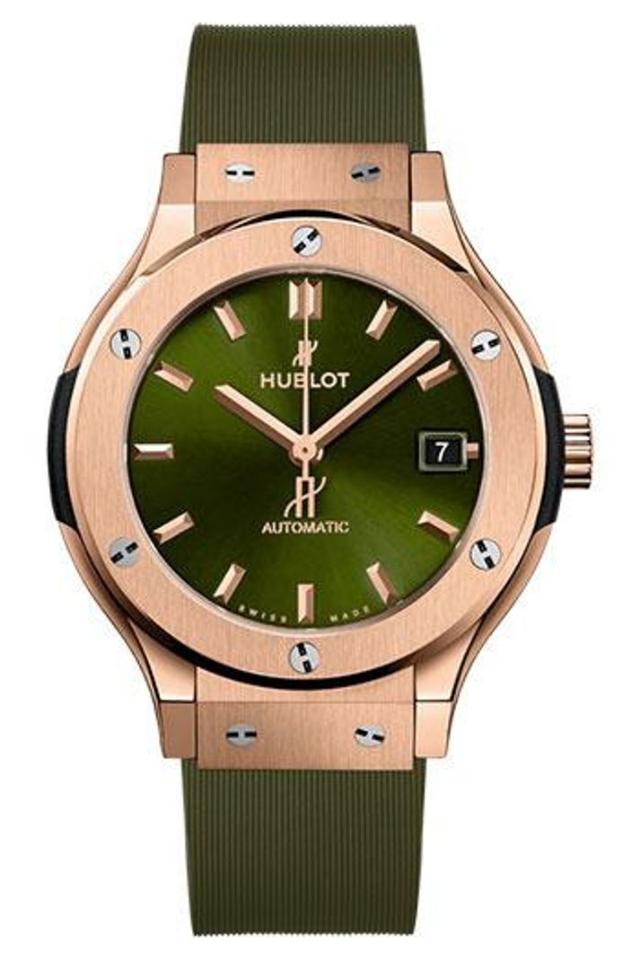 Hublot Classic Fusion King Gold Green 38mm Green sunray dial Green lined rubber, reference 565.OX.8980.RX