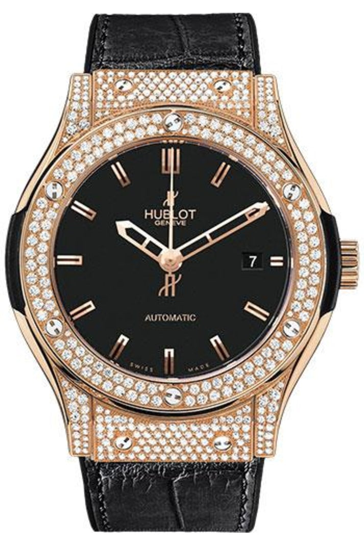 Hublot Classic Fusion Red Gold Pavé 38mm Matte black dial Black rubber and alligator leather reference 565.PX.1180.LR.1704