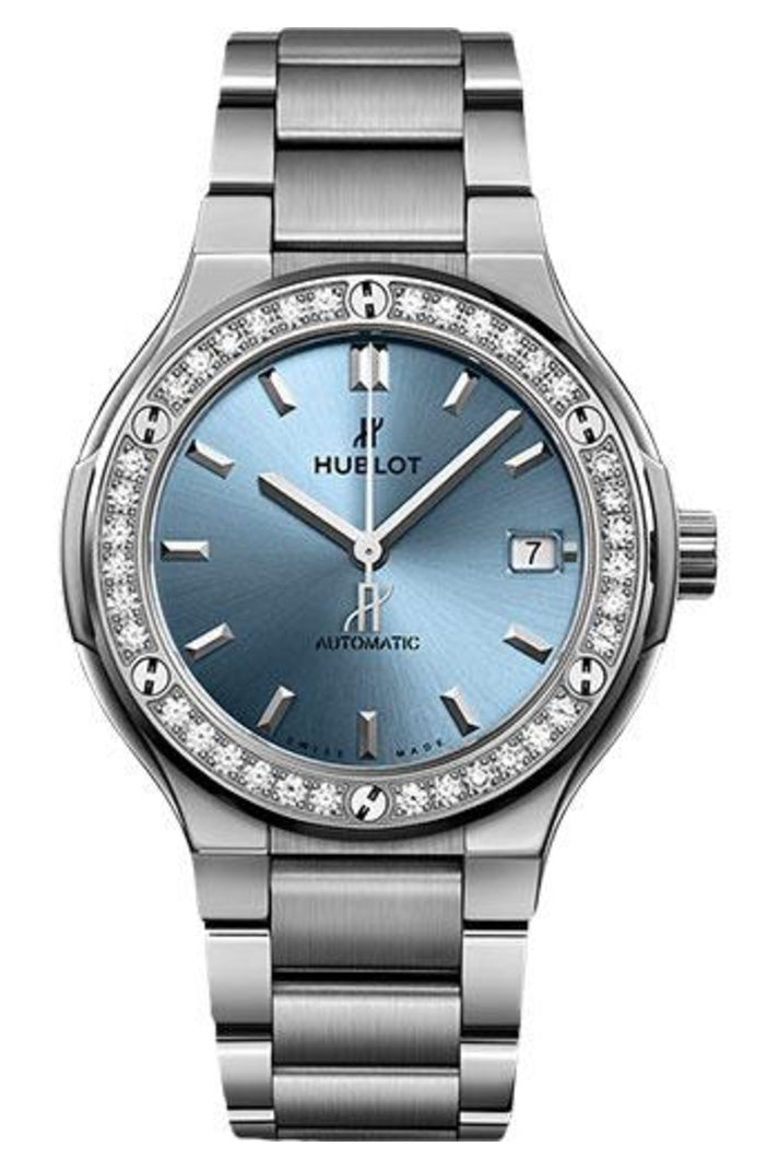 Hublot Classic Fusion Titanium Light Blue Diamonds 38mm, Light blue sunray dial, Titanium bracelet, reference 568.NX.891L.NX.1204