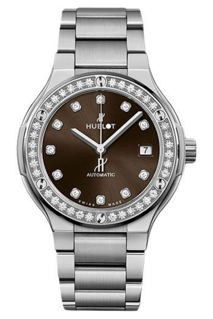 Hublot Classic Fusion Titanium Brown Diamonds 38mm Brown sunray with 11 diamond hour markers dial Satin-finished and polished titanium bracelet reference 568.NX.897M.NX.1204