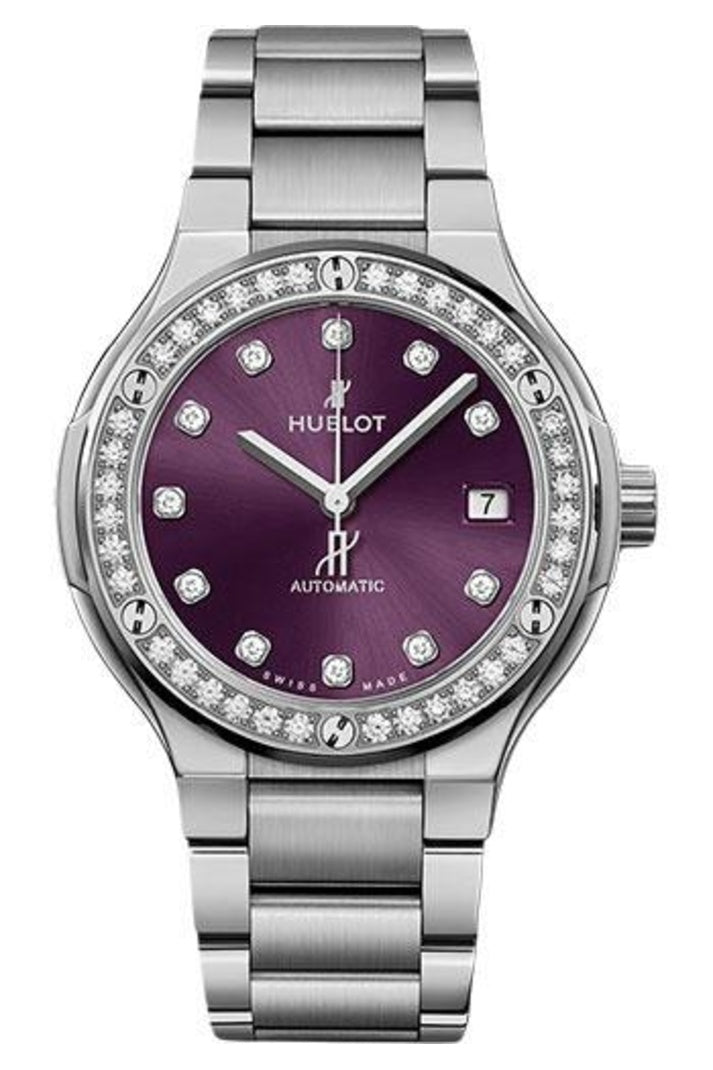 Hublot Classic Fusion Purple Diamond 38mm Purple sunray with 11 diamond hour markers dial Titanium bracelet reference 568.NX.897V.NX.1204