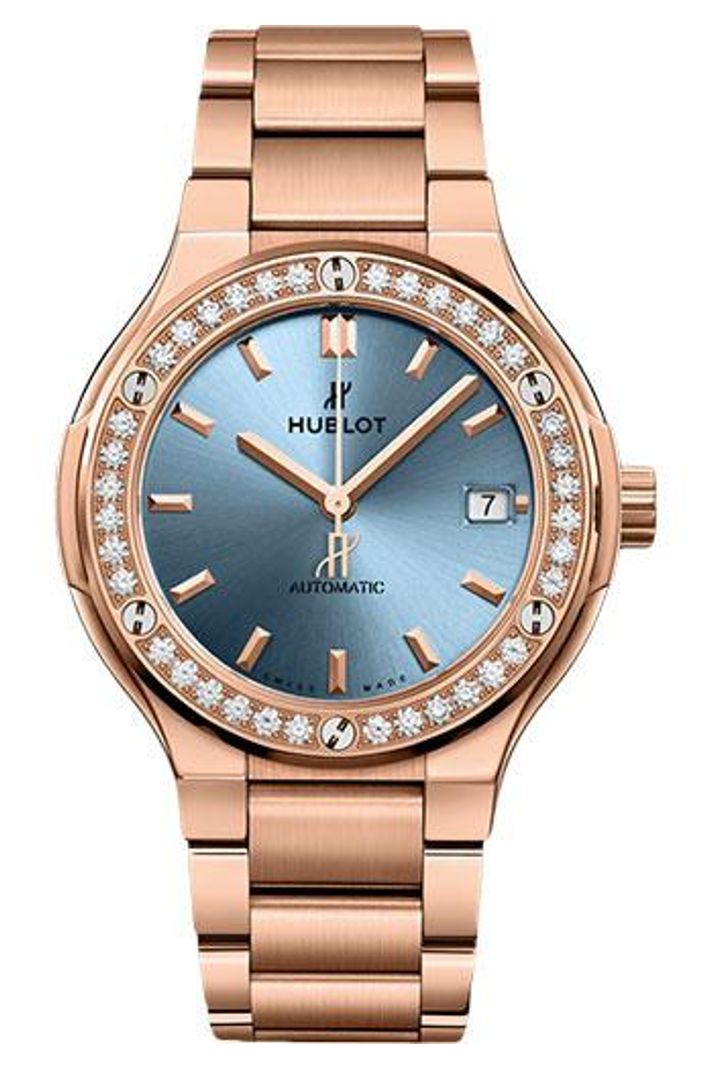 Hublot Classic Fusion King Gold Light Blue Diamonds Bracelet 38mm Light blue sunray dial 18K King Gold bracelet, reference 568.OX.891L.OX.1204
