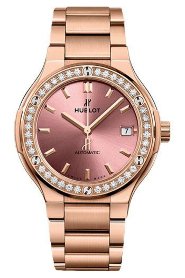 Hublot Classic Fusion King Gold Pink Diamonds Bracelet 38mm Pink sunray dial 18K King Gold bracelet, reference 568.OX.891P.OX.1204