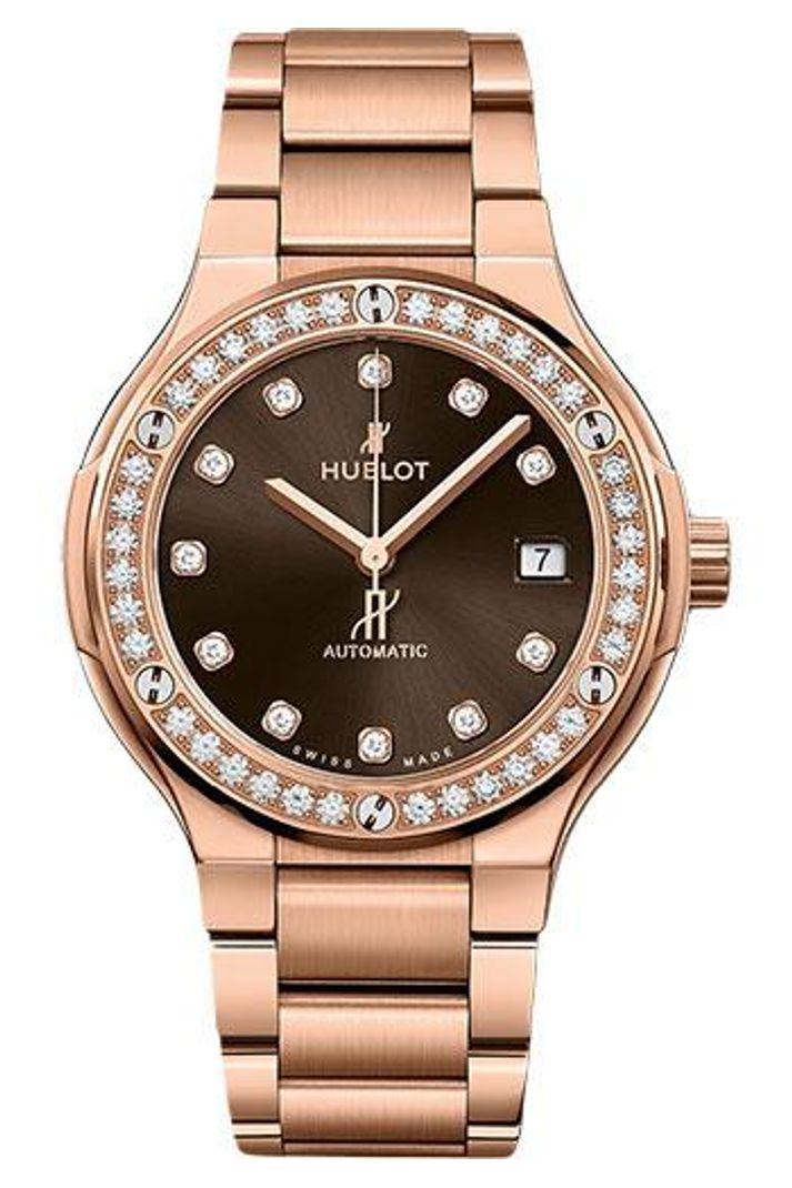 Hublot Classic Fusion King Gold Brown Diamonds Bracelet 38mm Brown sunray with 11 diamond hour markers (approx. 0.20 ct) dial 18K King Gold bracelet, ref 568.OX.898M.OX.1204