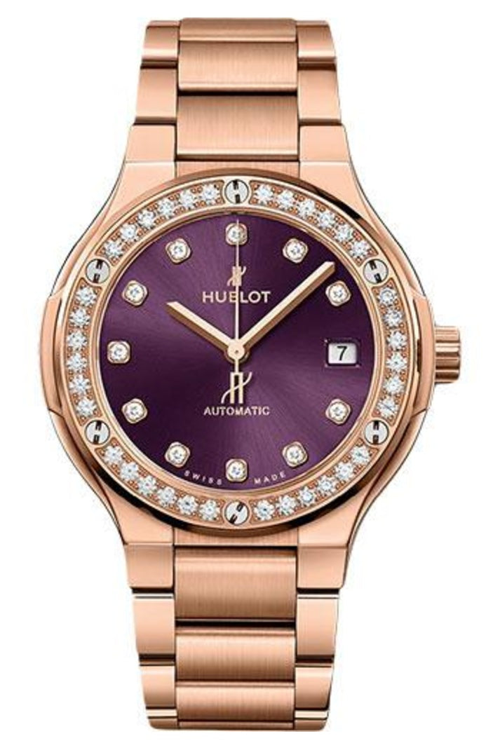 Hublot Classic Fusion King Gold Purple Diamonds Bracelet 38mm Purple sunray with 11 diamond hour markers (approx. 0.2 ct) dial 18K King Gold bracelet, reference 568.OX.898V.OX.1204