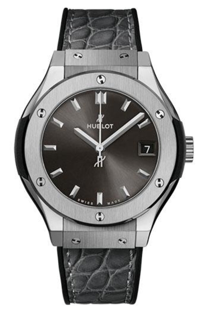 Hublot Classic Fusion Racing Grey Titanium, 33mm Grey sunray dial, Black rubber and grey alligator leather, ref 581.NX.7071.LR