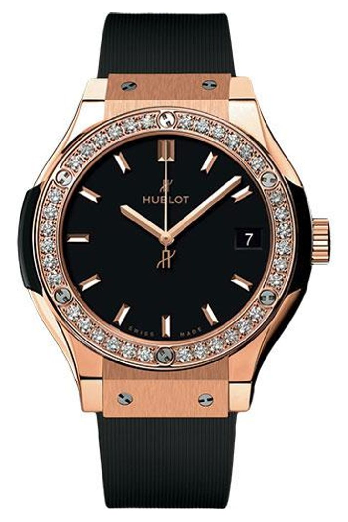 Hublot Classic Fusion King Gold Diamond Bezel 33mm Black dial Black rubber and alligator leather, ref 581.OX.1181.RX.1104