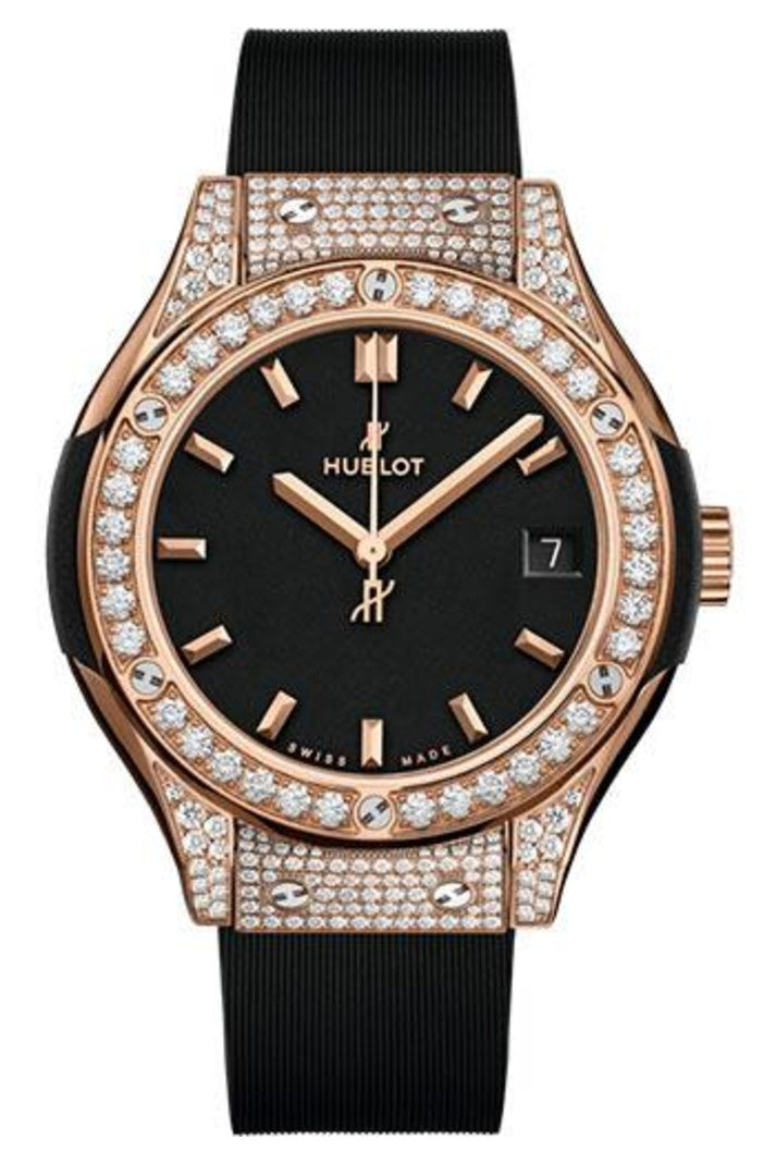 Hublot Classic Fusion King Gold Pavé Black 33mm Matte black dial Black rubber and alligator leather, reference 581.OX.1181.RX.1704