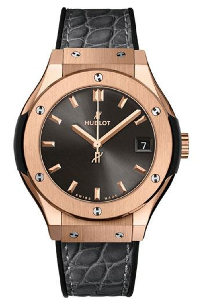 Hublot Classic Fusion Racing Grey King Gold 33mm Grey sunray dial Black rubber and grey alligator leather, reference 581.OX.7081.LR