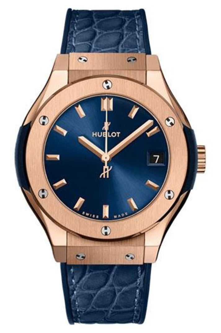 Hublot Classic Fusion King Gold Blue 33mm Blue sunray dial Blue rubber and alligator leather, reference 581.OX.7180.LR