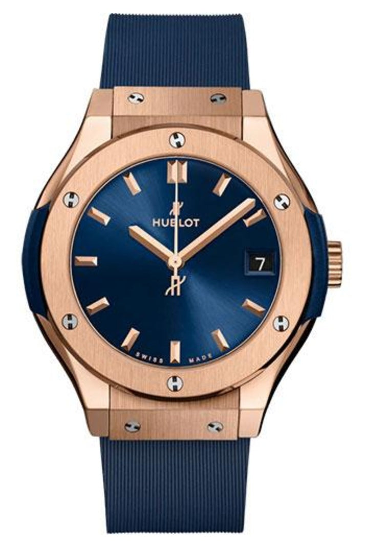 Hublot Classic Fusion King Gold Blue 33mm Blue sunray dial Blue lined rubber, reference 581.OX.7180.RX