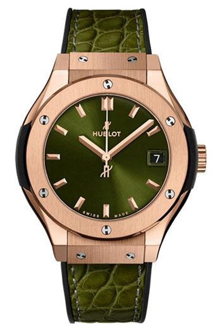 Hublot Classic Fusion King Gold Green 33mm Green sunray dial Black rubber and green alligator leather reference 581.OX.8980.LR