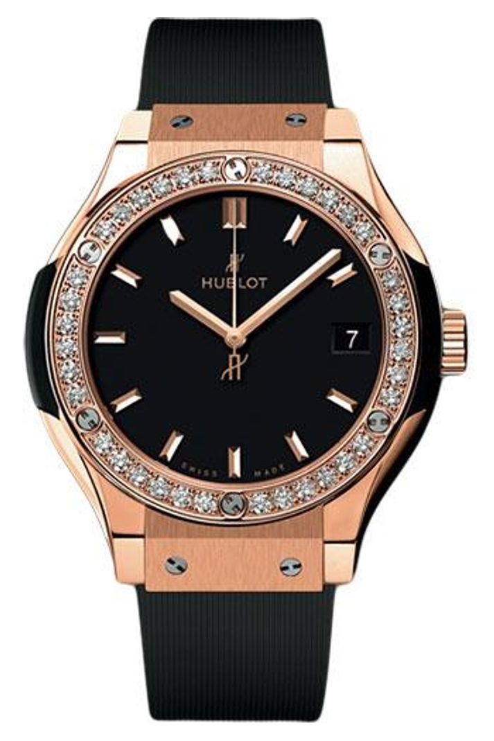 Hublot Classic Fusion King Gold Diamond Bezel 33mm Matte black dial Black lined rubber, ref 582.OX.1180.RX.1204