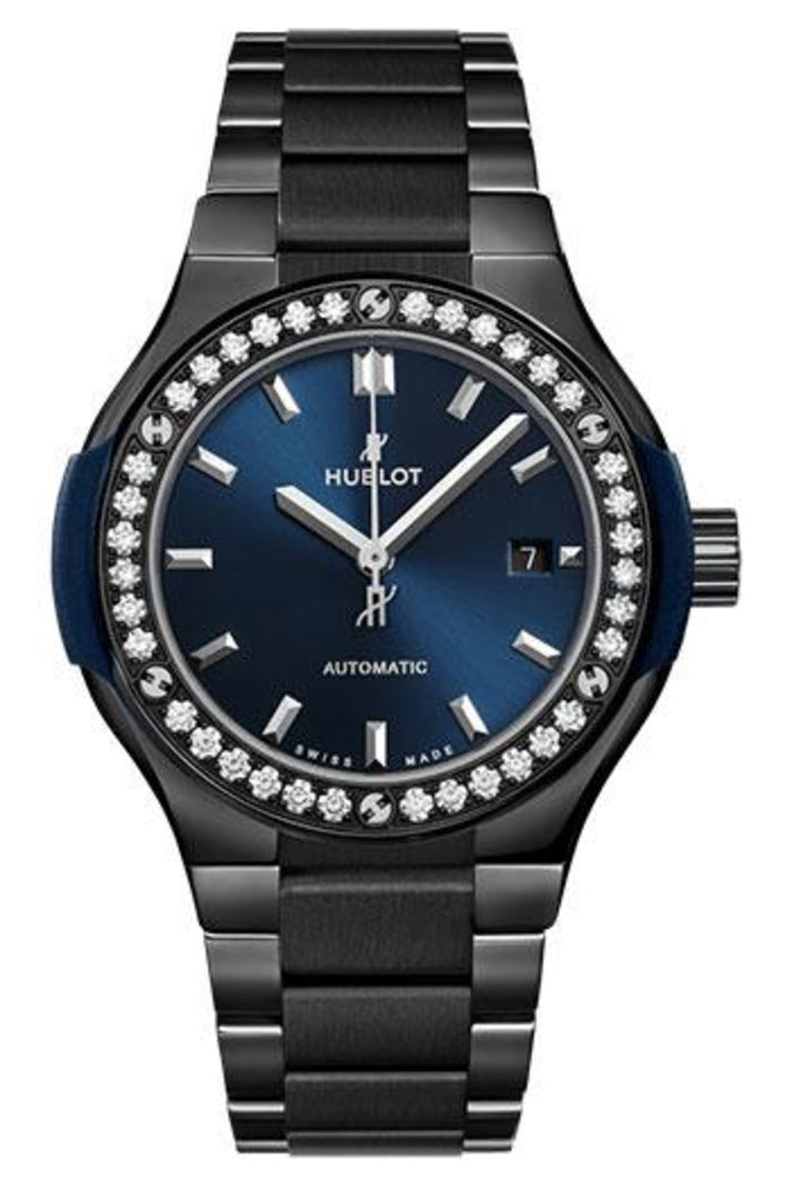 Hublot Classic Fusion Blue Ceramic Diamond Bracelet 33mm Blue sunray dial, reference 585.CM.7170.CM.1204