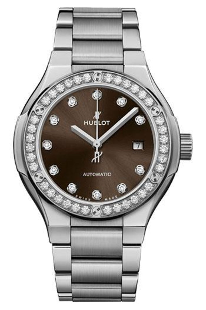 Hublot Classic Fusion Titanium Brown Diamonds 33mm Brown sunray with 11 diamond hour markers dial Satin-finished and polished titanium bracelet reference 585.NX.897M.NX.1204