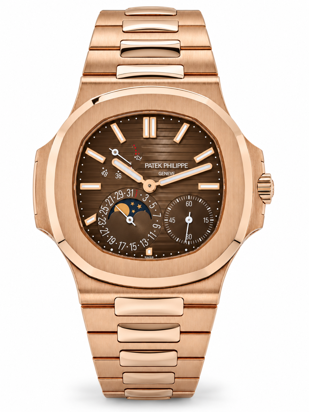 Patek Philippe Nautilus Moon Phases 5712/1R-001 rose gold with brown sunburst dial – front view on white background
