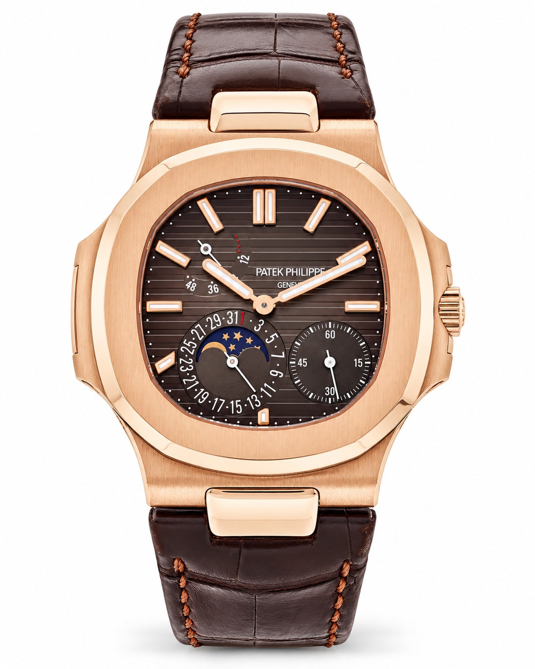 Patek Philippe Nautilus Moon Phases 5712R-001 rose gold with brown dial and dark brown leather strap, front view on white background